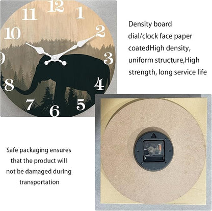 XFM 10 inch Elephant Wall Clock Silent Non-Ticking Clocks Forest Wildlife Wall Clocks Battery Operated Rustic Farmhouse Clock for Home Decor Living Room Kitchen Office