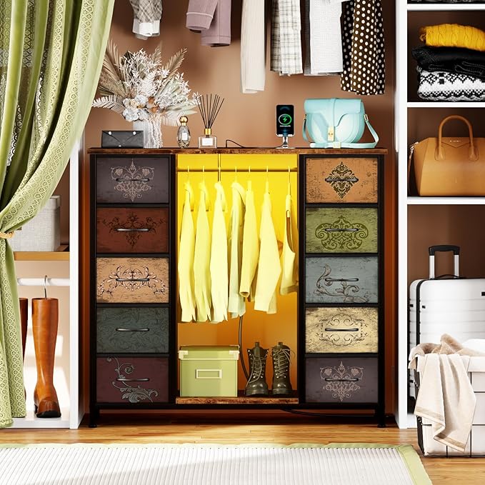 Dresser for Bedroom with Hanging Rack, 10 Drawers TV Stand with Charging Station LED Lights, Pattern Fabric Storage Organizer Cabinets for Living Room, Entryway, Nursery