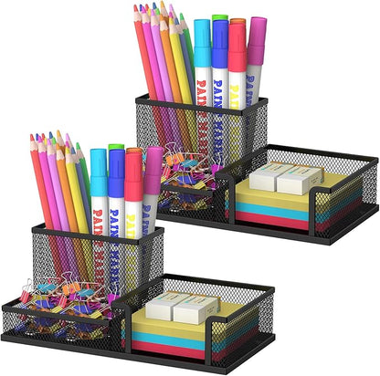 SUPEASY Pen Holder Desk Organizer, 2Pack Office Supplies Pencil Holder with 3 Compartments, Desk Accessories and Workspace Organizers for Home School, Black