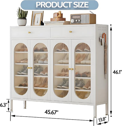 Large Shoe Storage Cabinet with 2 Drawers,7-Tier Shoe Cabinet with Adjustable Shelves and Metal Legs，46.1'' H Steel Shoes Rack Organizer Cabinet for Entryway, Hallway, Living Room