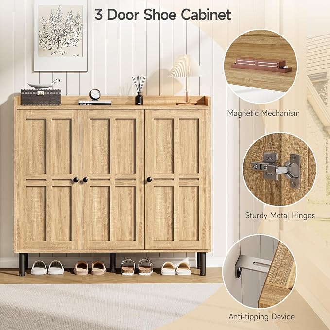 ONBRILL Shoe Cabinet with 3 Doors and Adjustable Shelves, 30 Pairs Shoe Storage Cabinet, 40 Inch Tall Farmhouse Shoe Rack Shoe Organizer Cabinet for Entryway Living Room Closet, Natural Oak