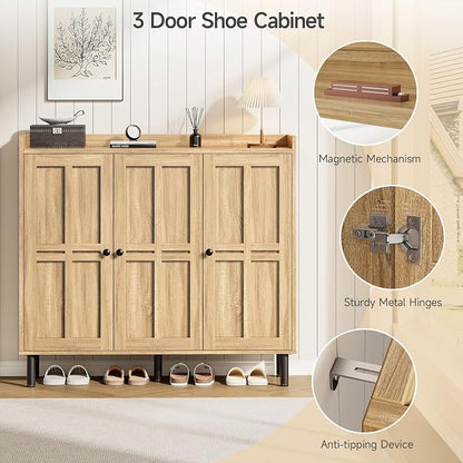 ONBRILL Shoe Cabinet with 3 Doors and Adjustable Shelves, 30 Pairs Shoe Storage Cabinet, 40 Inch Tall Farmhouse Shoe Rack Shoe Organizer Cabinet for Entryway Living Room Closet, Natural Oak