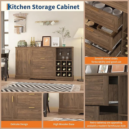 GarveeHome 63 Inch Farmhouse Sideboard Buffet with Drawer Adjustable Shelves,Kitchen Island with Door-Back Rack for Snacks,Coffee Bar Buffet with Wine Racks Storage for Kitchen Entryway Rustic Walnut