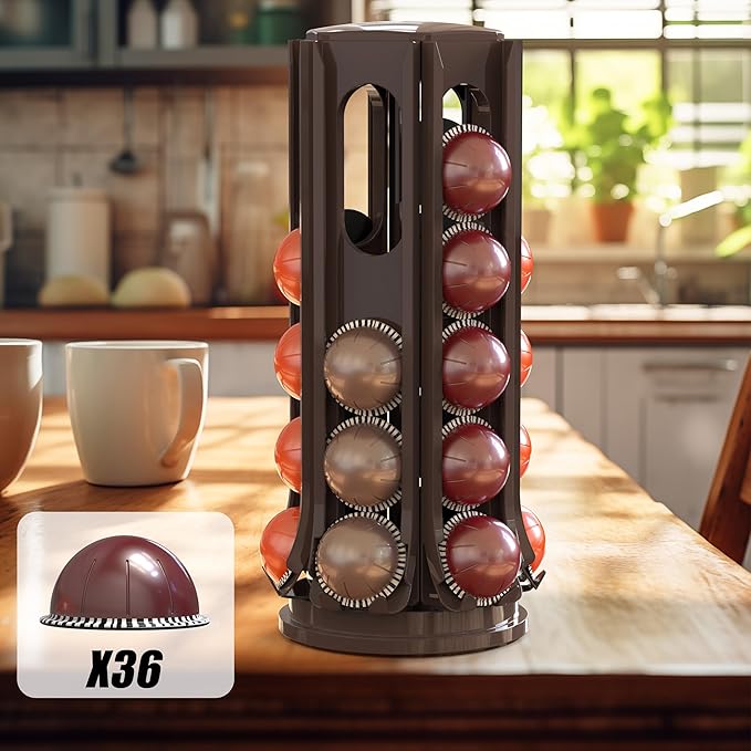 Deco Brothers VertuoLine Pod Holder, 360° Turntable Rotating Pod Carousel Organizer Compatible for Nespresso Pods, Brown