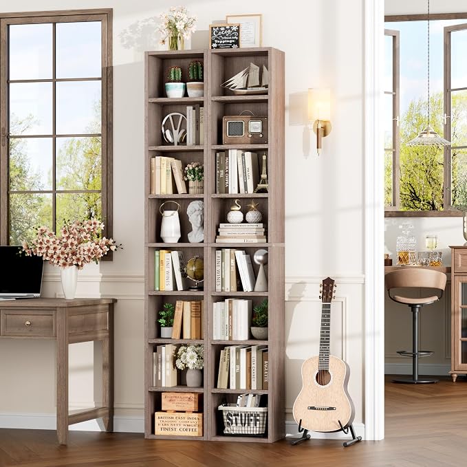 FOTOSOK 8-Tier Media Tower Rack, 11.6 X 9.3 X 70.9 Inches CD DVD Slim Storage Cabinet with Adjustable Shelves, Tall Narrow Bookcase Display Bookshelf for Home Office, Oak