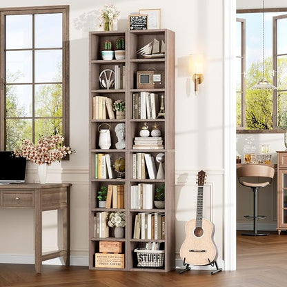 FOTOSOK 8-Tier Media Tower Rack, 11.6 X 9.3 X 70.9 Inches CD DVD Slim Storage Cabinet with Adjustable Shelves, Tall Narrow Bookcase Display Bookshelf for Home Office, Oak