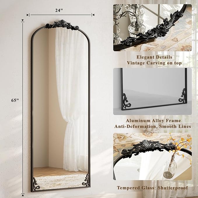 BEAUTYPEAK 65"x24" Arch Mirror Full Length, Traditional Vintage Ornate Baroque Mirror with Bottom Corner Pattern, Hanging or Leaning for Entryway/Bathroom/Fireplace/Bathroom, Black