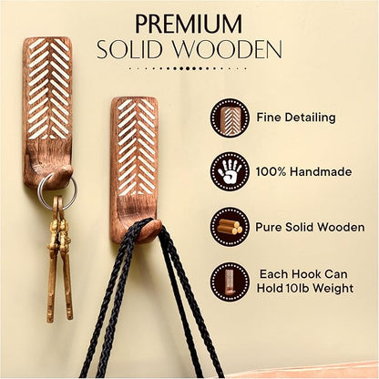 Indian Shelf Boho Decorative Wood Adhesive Wall Hooks for Hanging Coats, Keys, Leash, Hat, Towel Holder, Cute Sticky Key Holder, White and Brown Western Wall Décor (3 Hooks 6 Strips)