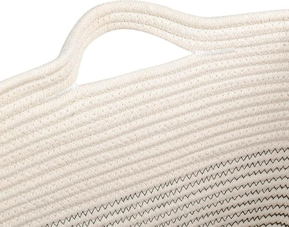 Storage Baskets for Clothes Fabric Cotton Rope Storage Basket with Handles, Decorative Woven Basket for Living Room,Closet Organizer Blankets, and 2bags (White/Black Line, L16×W11.4×H15.9)