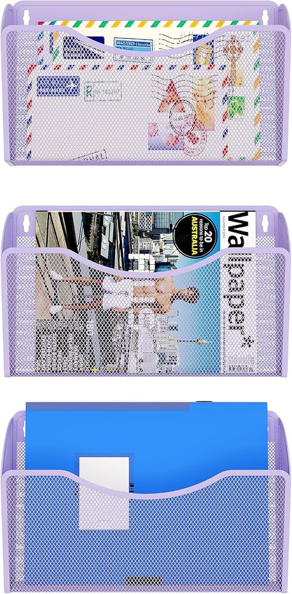 EasyPAG 3 Pack Wall File Organizer, Metal Mesh Hanging File Folder Holder for Letter/A4 Size Folders, Vertical Wall Mount Mail Sorter for Office Paperwork, Classroom, Purple