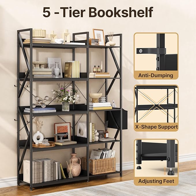Gizoon 5 Tier Industrial Bookshelf, 65" H Reversible Corner Bookshelf, Bookcase, Freestanding Display Shelf, with 4 Hooks, a Storage Basket, Metal Frame, for Living Room, Kitchen, Office, Black