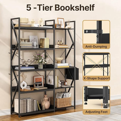 Gizoon 5 Tier Industrial Bookshelf, 65" H Reversible Corner Bookshelf, Bookcase, Freestanding Display Shelf, with 4 Hooks, a Storage Basket, Metal Frame, for Living Room, Kitchen, Office, Black