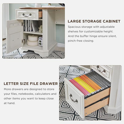 T4TREAM 59" L Shaped Desk with Hutch,Victorian Wood Computer Desk, Featuring Charging Station,File Drawer, Storage Cabinet,for Home Office Work and Study (Antique White)