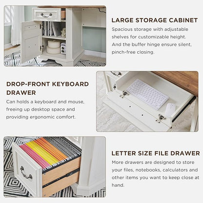 T4TREAM 59" Farmhouse Executive Desk with Hutch,Wood Home Office Computer Desk, Featuring Keyboard Tray,Charging Station,File Drawer, Storage Cabinet,for Work and Study (Antique White)