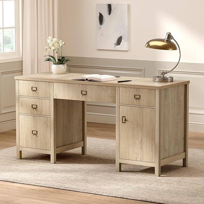 Farmhouse Wood Home Office Desk, 59" Executive Desk Computer Desk with File Drawer Charging Station and Storage Cabinet for Writing Study, Light Oak