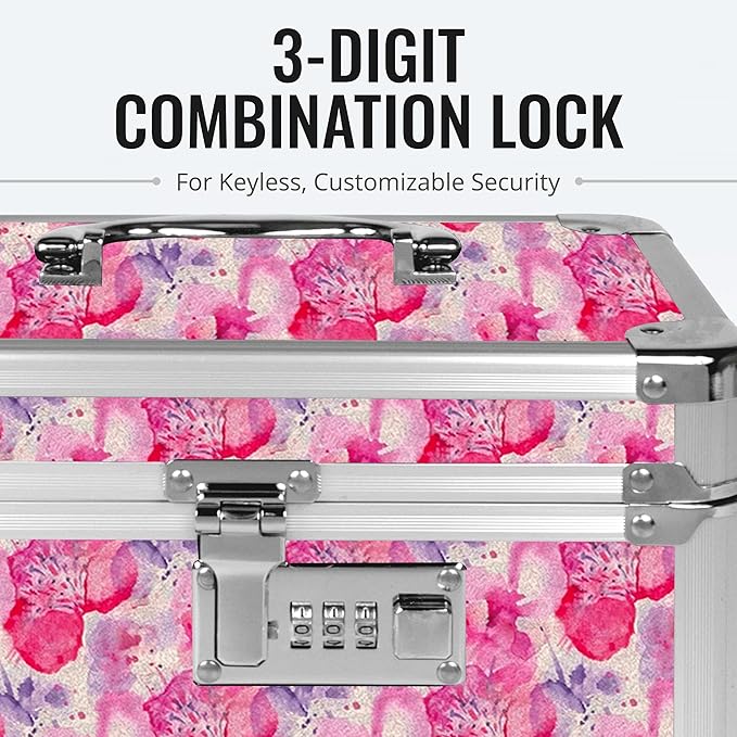 Vaultz Combination Lock Box - Secure Safe for Documents, Valuables, Medicine & Money - 10 x 7.25 x 7.75 Inch - Floral, Pink & Gray