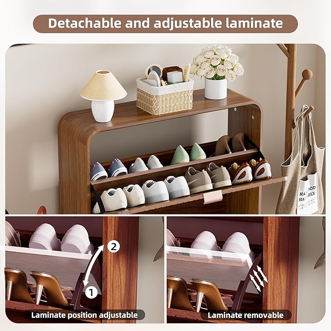Narrow Shoe Cabinet with 2 Flip Drawers, Fluted Shoe Storage Cabinet for Entryway, Slim Hidden Shoe Rack Organizer for Hallway, Entrance, Foyer, Freestanding, Walnut