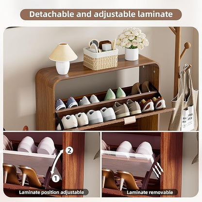Narrow Shoe Cabinet with 2 Flip Drawers, Fluted Shoe Storage Cabinet for Entryway, Slim Hidden Shoe Rack Organizer for Hallway, Entrance, Foyer, Freestanding, Walnut