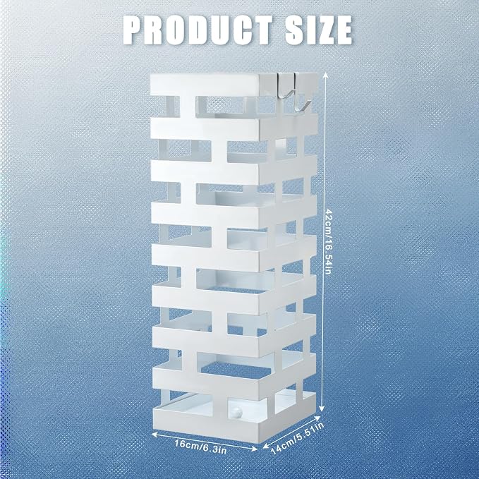Tudomro Umbrella Stands for Entryway Large Metal Umbrella Holder 6.3 x 5.5 x 16.5 Inches with Removable Water Tray and Hooks Decor Freestanding Rectangular Storage Hollow Rack for Home Office (White)