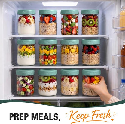 Overnight Oats Containers with Lids, Glass Storage Containers with Lids, Wide Mouth Mason Jars 16oz, Sugar Bowls, Airtight Glass jars for Chia Pudding, Yogurt, Salad Storage (6 Pack, Green)