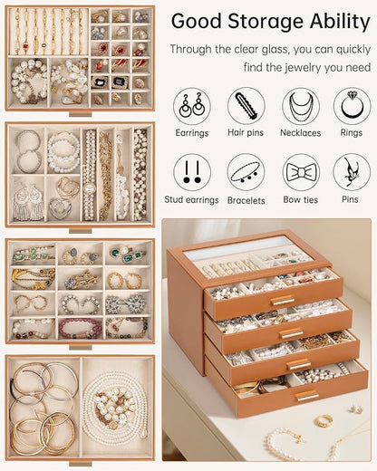 AKOZLIN Jewelry Box with Clear Lid Functional Leather Jewelry Storage Organizer Case 4 Drawers for Women Girls Necklace Ring Bracelet Earring Orange