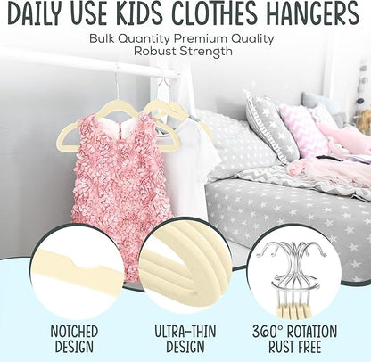 25 Premium Kids Velvet Hangers - 14" Non-Slip Clothes Hangers for Kids & Preteens - Ultra Slim, Space-Saving, Strong & Durable Hangers with 360° Swivel Hook - Beige