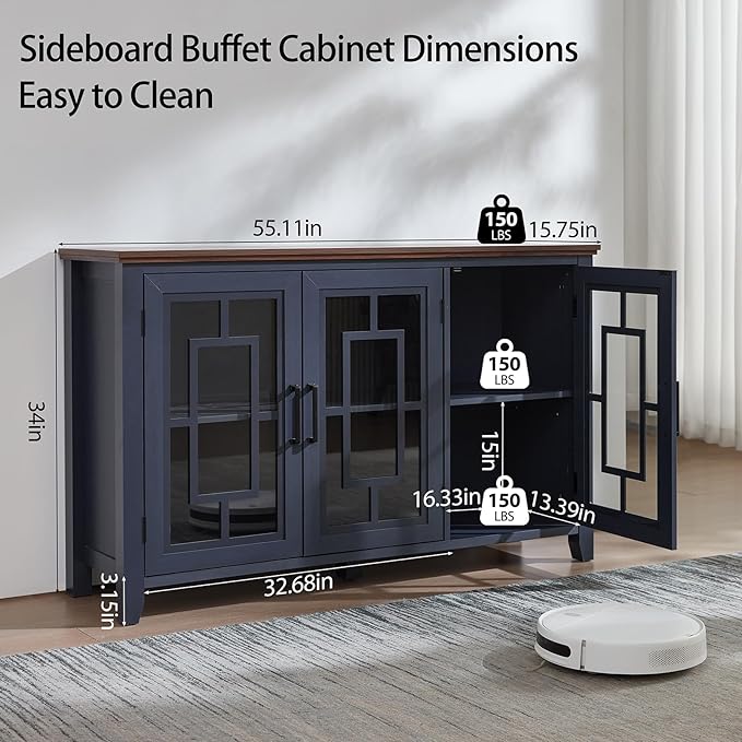 Large Sideboard Buffet Cabinet with Storage, 55" Farmhouse Kitchen Coffee Wine Bar Cabinet with 3 Glass Doors, Wood Mid Century Modern Side Board Table for Dining Room, Living Room,Navy Blue