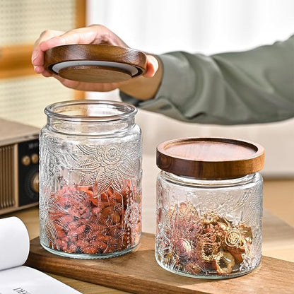 Adodeen 24oz Vintage Glass Canister With Lid Small Glass Jars Wide Mouth Mason Jars Airtight Coffee Canisters Kitchen Storage Containers For Sugar Tea Spice Flour Candy Cookie Cereal Cute Decorative
