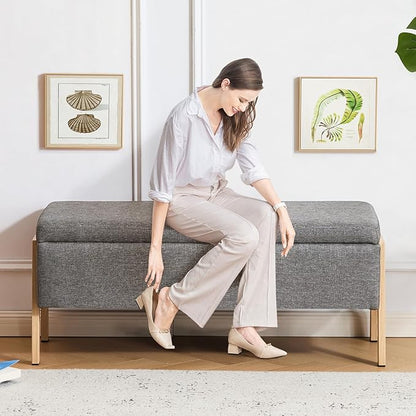 Furniliving Storage Bench for Bedroom, Modern End of Bed Storage Ottoman Bench, Upholstered Linen Ottoman Bench with Metal Legs, Folding Bedroom Bench for Living Room, Entryway, Grey