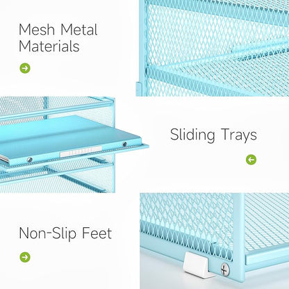 Lavatino 3-Tier Letter Tray Desk Paper Organizer – Blue Mesh Metal File Tray Organizer for Desk, Office Supplies & Home Organization | Fits A4/Letter Paper, Mail, Magazines and Office Accessories
