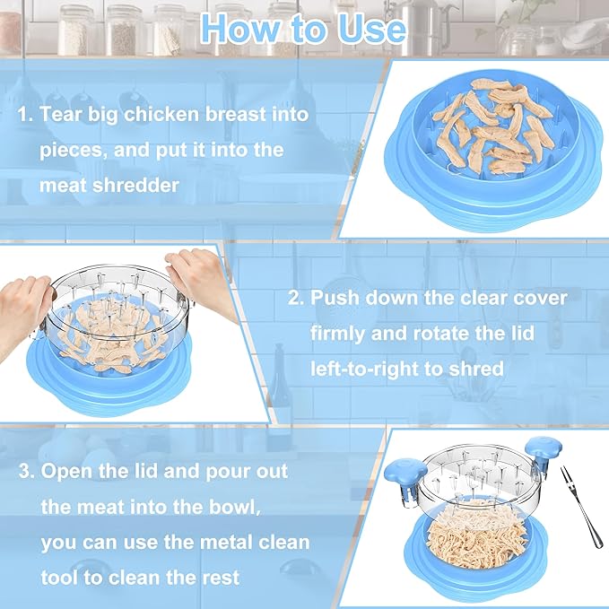 Chicken Shredder Tool Twist Large Chicken Breast Shredder with Brush&Fork, Visible Meat Shredder Machine, Strong Anti-Slip Strip, Ergonomic Handle, BPA Free, Suitable for Pork Beef Chicken(Sky Blue)