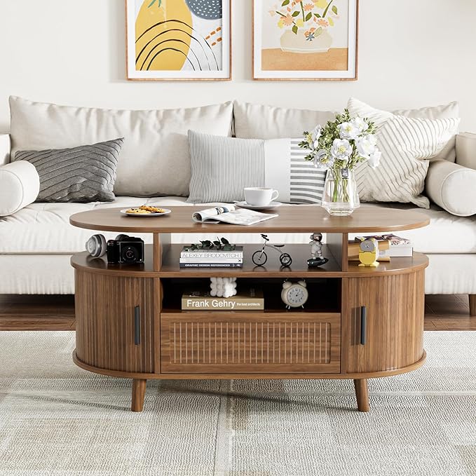 39" Fluted Coffee Table, Coffee Tables with Storage, Oval Coffee Table for Living Room, Center Table with Tambour Doors, Walnut Coffee Tables for Apartment, Office