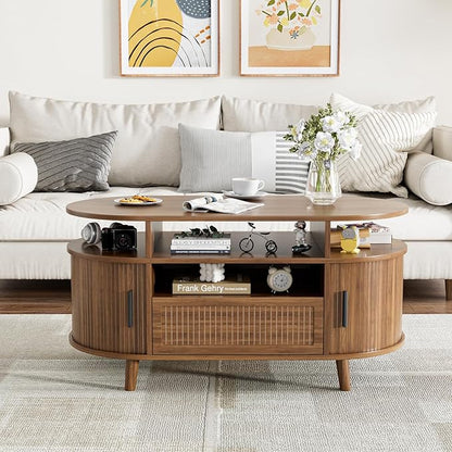 39" Fluted Coffee Table, Coffee Tables with Storage, Oval Coffee Table for Living Room, Center Table with Tambour Doors, Walnut Coffee Tables for Apartment, Office