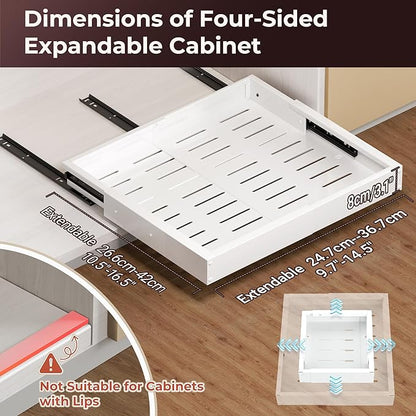 2 Pack Pull Out Drawers for Cabinets, Slide Out Drawer Expandable Width (10"-15") and Depth (11"-17") With 3 Slides, Fixed with Adhesive Film & Nail for Cabinets in Kitchen, Pantry or Bathroom - White