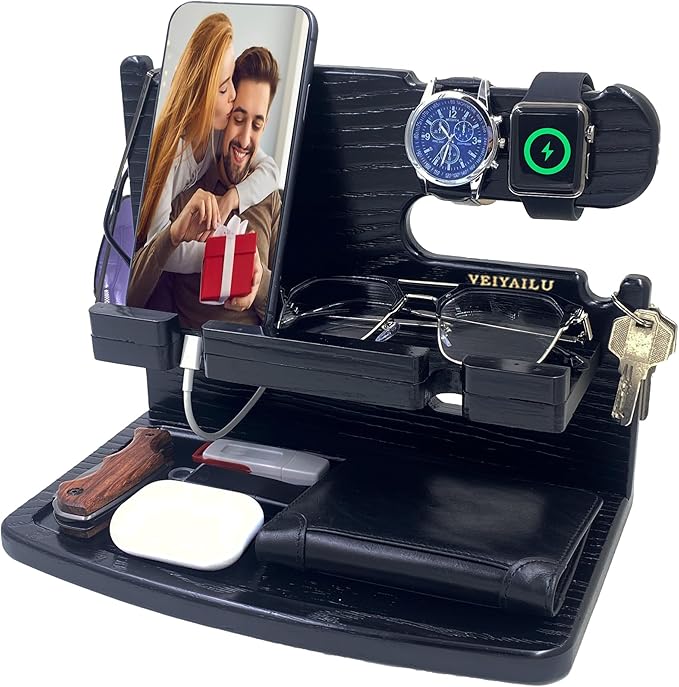 VEIYAILU Gifts for Men Dad Women Husband Boyfriend Him Nightstand Organizer for Men Wood Phone Docking Station Birthday Gifts (Black)