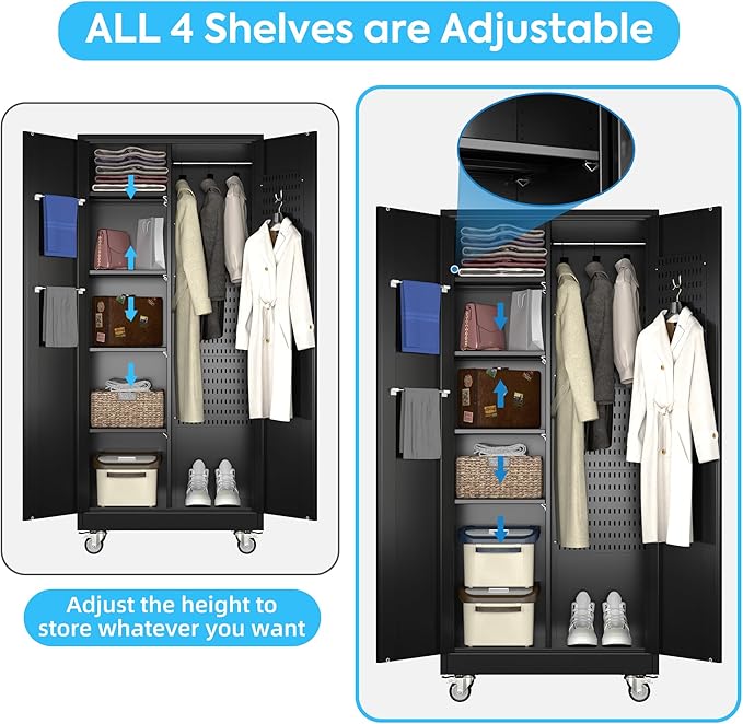 Garage Storage Cabinet with Wheels and 5 Pegboard, Metal Storage Cabinets with 2 Doors and 4 Shelves, Broom Closet Storage Cabinet with Hanging Rod and 13 Hooks, 70.87" Hx33.5 Wx17.7 D, Black