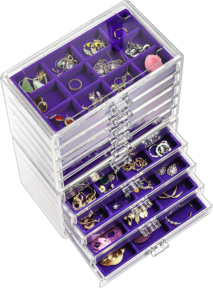 ProCase Earring Holder Organizer Jewelry Box with 10 Drawers, Acrylic Clear Earring Case with Adjustable Velvet Trays for Women - Purple,10 Layers