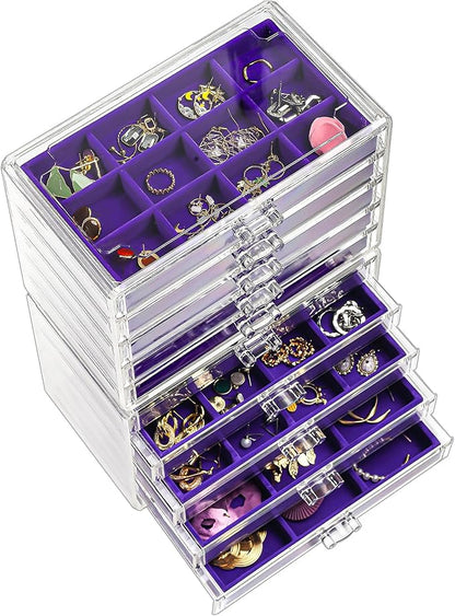 ProCase Earring Holder Organizer Jewelry Box with 10 Drawers, Acrylic Clear Earring Case with Adjustable Velvet Trays for Women - Purple,10 Layers