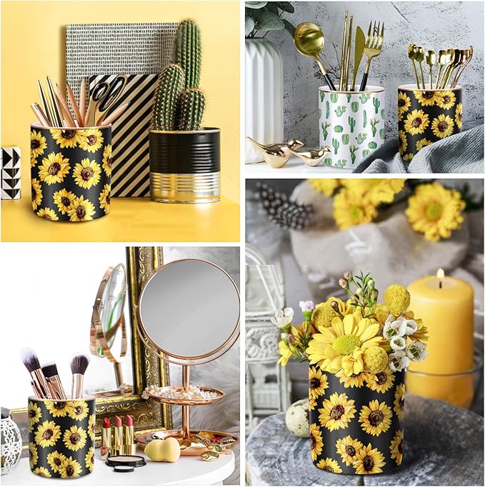 WAVEYU Pen Holder, Cute Pencil Holder for Desk, Makeup Brush Holder Floral Pattern, Pencil Cup for Girls Women, Durable Ceramic Desk Organizer Flower Decor for Office, Classroom, Sunflower