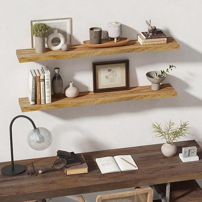 55 Inch Floating Shelves for Wall, Solid Elm Wood Live Edge Wall Shelf for Home Decor, 8 Inch Deep Floating Shelf, 55 x 8 Wooden Shelves for Bathroom Living Room Kitchen, Natural Color, Set of 1