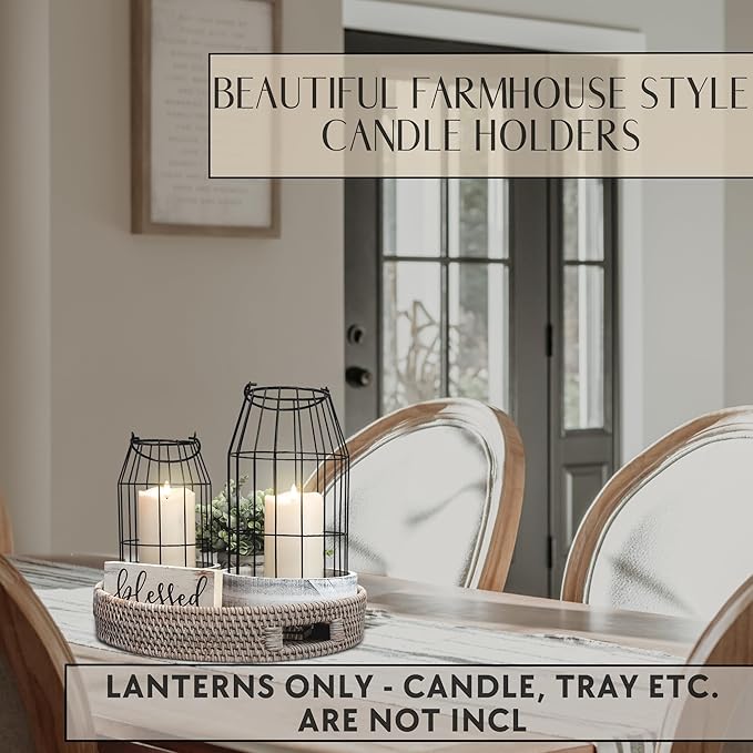 Rustic Farmhouse Lantern Decor Set of 2 - Stylish Decorative Lanterns for Your Living Room, Fireplace Mantle or Kitchen Dining Table - Modern Indoor/Outdoor Coffee Table Decor for Your Entire Home