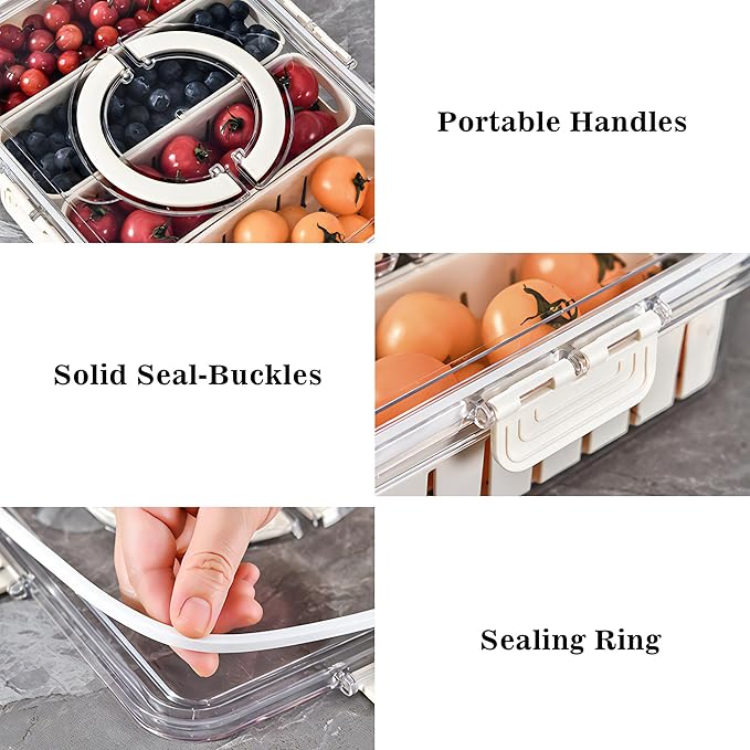Eanpet Divided Veggie Tray with Lid and Handle 4 Compartment Serving Tray Portable Travel Snack Storage Containers Stackable Snackle Box Charcuterie Container for Fruit,Vegetable,Salad