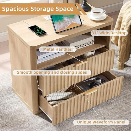 LEYAOYAO 31" Wide Fluted Nightstand with Charging Station, Oversized Extra Large 2 Drawers Night Stand,Natural Wood Bedside Table,Tall Bed Side End Tables,Modern Chest of Drawers Dressers for Bedroom
