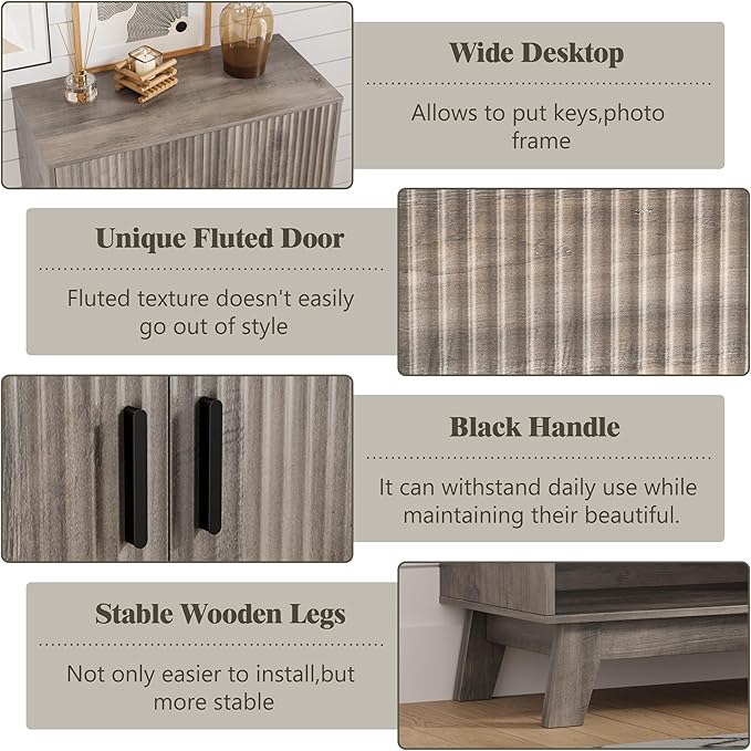 Shoe Cabinet Storage for Entryway, 5 Tier Fluted Shoe Storage Cabinet with Wooden Legs, Narrow Hidden Shoe Organizer with Adjustable Shelves, Freestanding Shoe Rack for Entryway, Hallway, Grey
