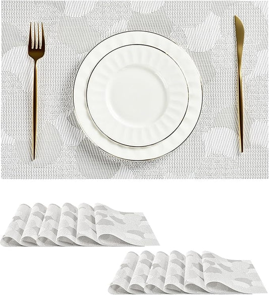 Leetaltree White Placemats Set of 12 - Heat Resistant Non-Slip Place mats for Dining Table, Washable Durable PVC Vinyl Woven Table Mats（White Circle,12）