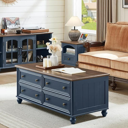 48" Farmhouse Coffee Table with Hidden Storage,Wooden Coffee Tables with 4 Drawers & Roman Column Handle,Rectangular Rustic Center Table with Solid Wood Curved Legs for Living Room,Office,Blue