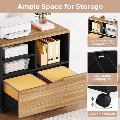 L Shaped Executive Computer Desk with Mobile File Cabinet and LED Light, 63 inch Large Office Table Business Furniture with Storage and Drawers for Home Office, Dark Walnut