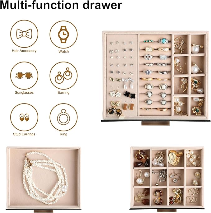 Frebeauty Clear Lid Jewelry Box,3-Layer Jewelry Organizer with Drawer,PU Leather Jewelry Organizers and Storage,Jewelry Boxes for Women,Jewelry Storage for Rings Earring Stud,Gift for Women(Black)