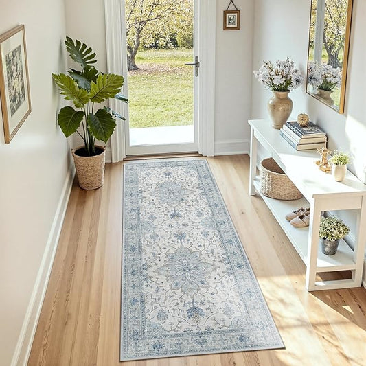 RELEANY Area Rugs Runner 2'6"x8' Washable Non-Slip, Floral Vintage Distress Medallion Carpet for Kitchen Hallway Bedroom Beside Laundry Room Bathroom, Light Blue Navy Gray White