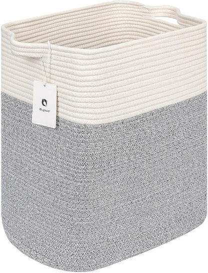 laughbird Storage Baskets for Clothes Fabric Cotton Rope Storage Basket with Handles, Decorative Woven Basket for Living Room,Closet Organizer Blankets, and 2bags (Silver Gray, L17.8×W12.5×H17.9)